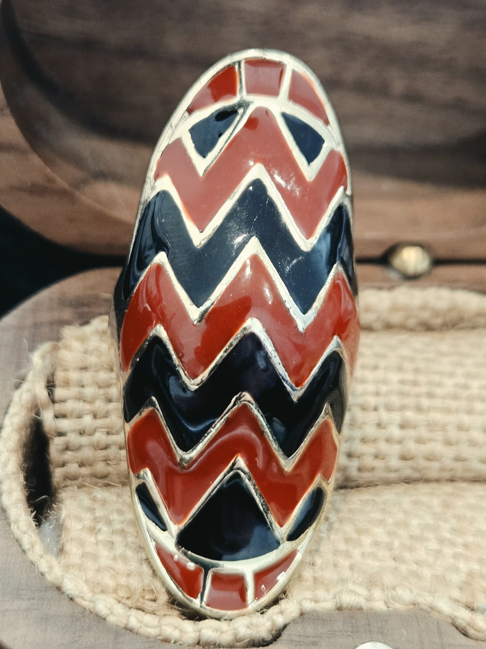 Vintage Red & Navy Chevron Statement Ring